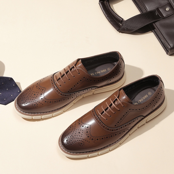Men's Wide PU Leather Dress Sneakers - BROWN - 8